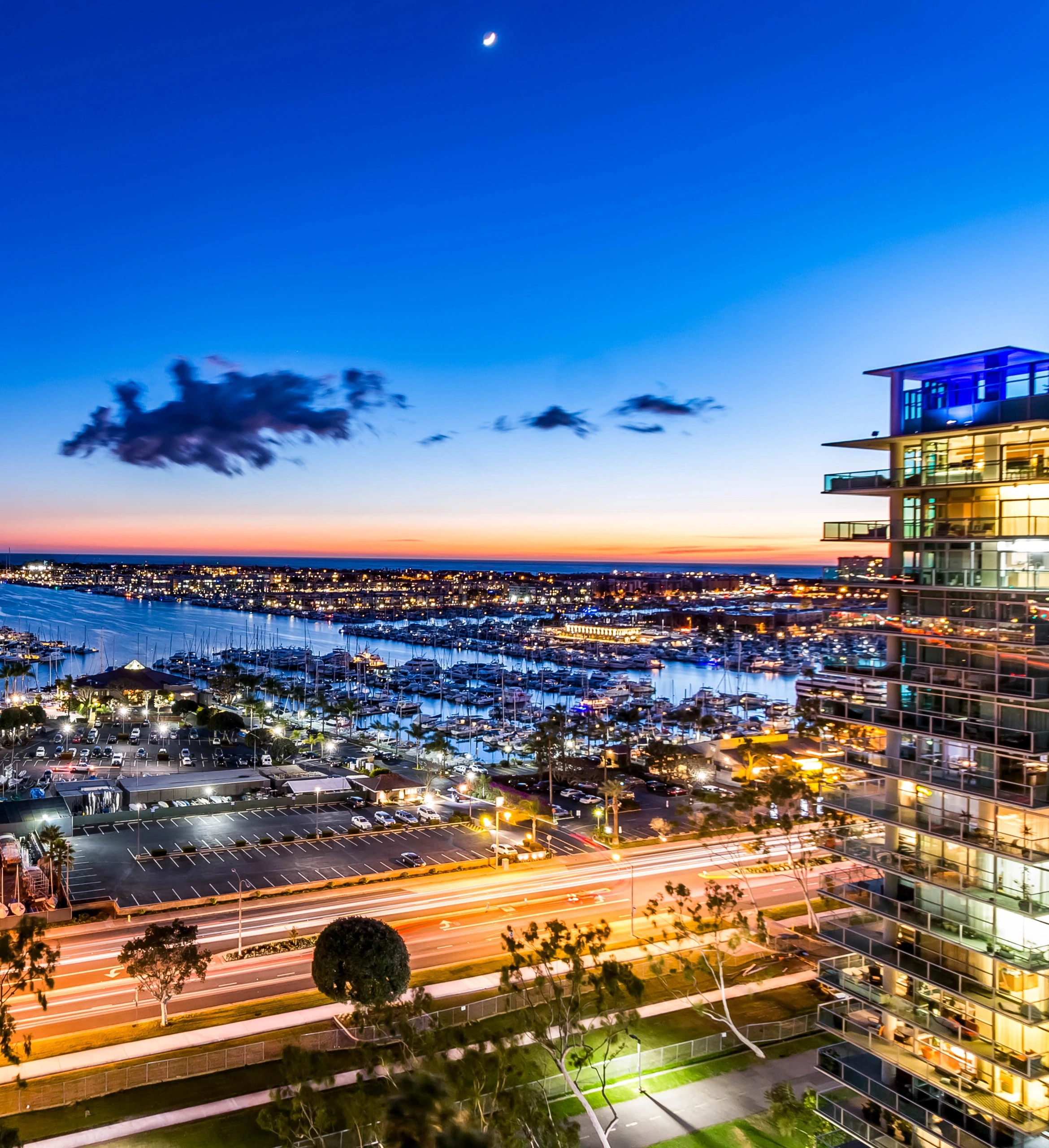 Marina del Rey harbor and waterfront residences at blue hour